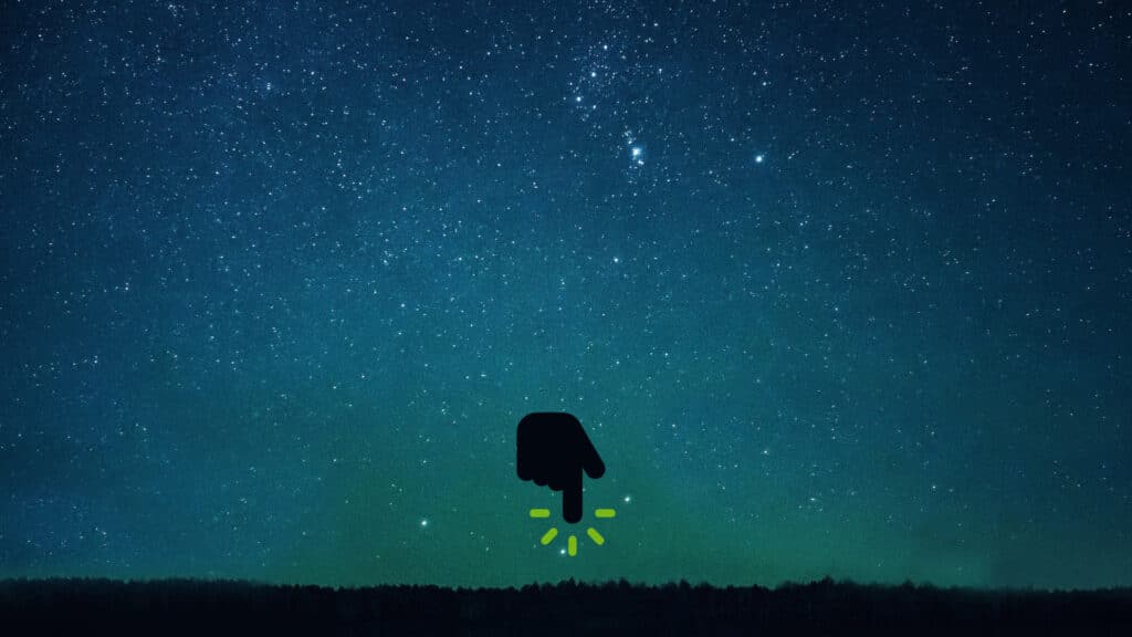 Shadow hand pointing downward in a click gesture under a starry sky – symbolizing action, intention, and conscious choice in The Last Hour Experience.