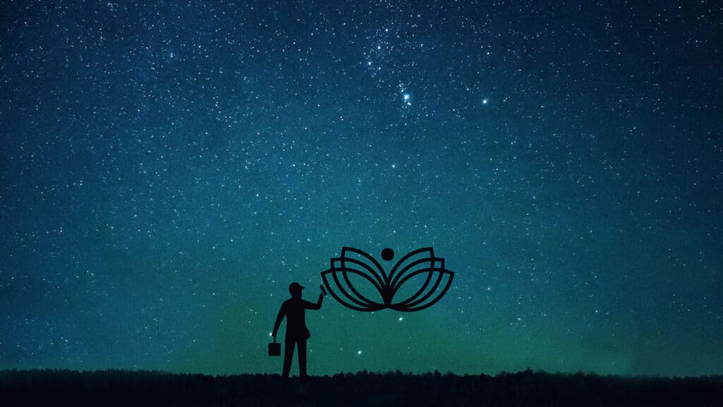 Silhouet van een man die het Vita Florentis-logo schildert onder een betoverende sterrenhemel – een symbool voor reflectie, bewustwording en innerlijke groei.