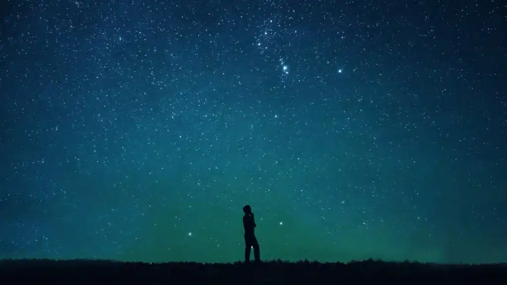 Silhouette under a starry sky in a thoughtful pose – symbolizing self-inquiry, doubt, and awakening in The Last Hour Experience.
