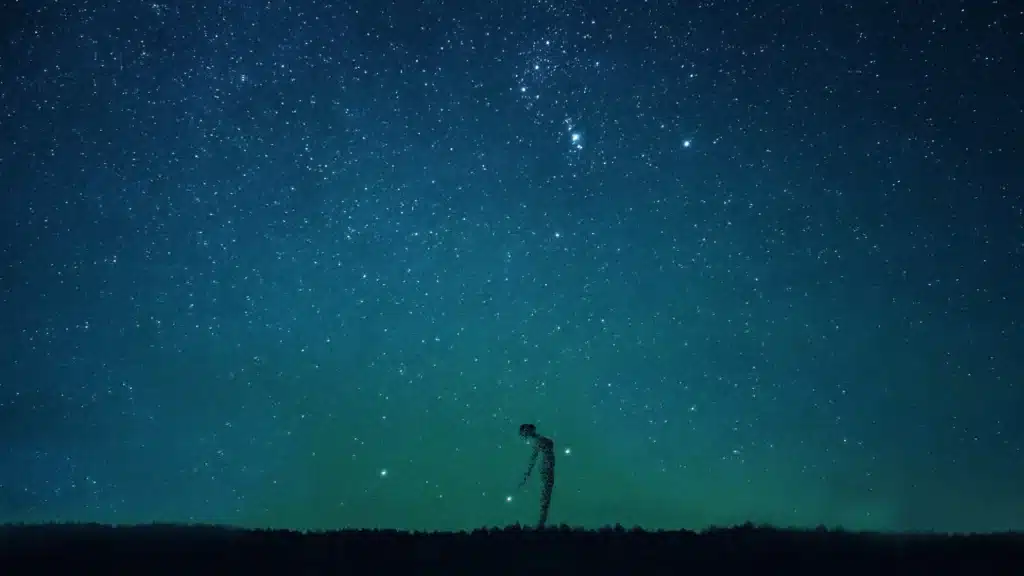 Fragmented silhouette under a starry sky – symbolizing inner emptiness, feeling lost, and losing connection to oneself in The Last Hour Experience.
